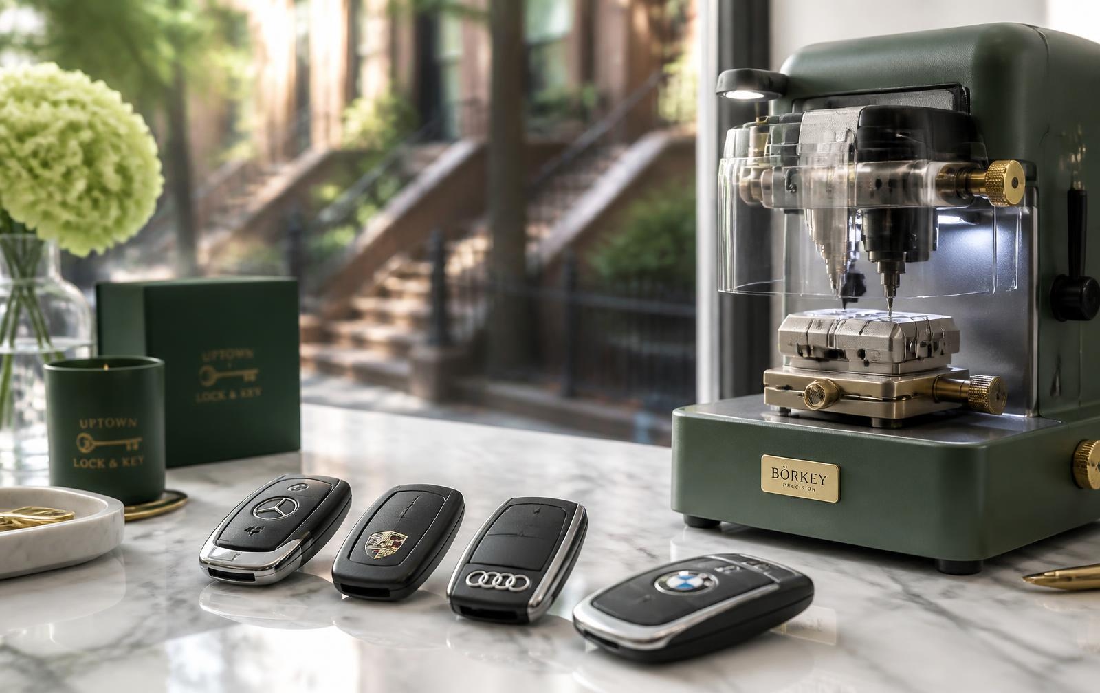 European car key fobs beside a precision key cutting machine
